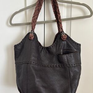 The Sak Dark Brown Boho Leather Shoulder Bag with Braided Handles